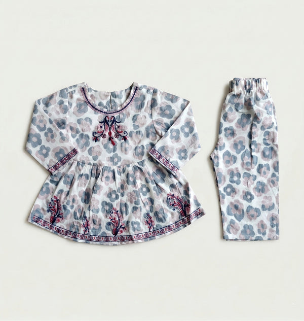 Little Blossoms: Premium Embroidered 2-Piece Printed Suit for Girls