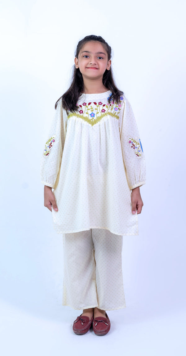 Elegant Lime Girls' Floral Embroidered 2-Piece Kurta Set