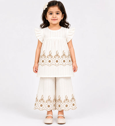 Elegant White Cotton 2-Piece Suit with Floral Embroidery for Girls
