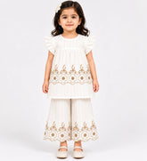 Elegant White Cotton 2-Piece Suit with Floral Embroidery for Girls