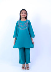 Girls Elegant Teal Embroidered Kurta & Trouser Set Vesto.Pk