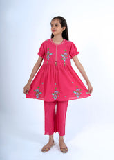Girls Vibrant Pink Floral Embroidered Frock & Trouser 2-Piece Set Vesto.Pk