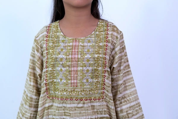 Girls' Elegant Olive Embroidered Tunic & Palazzo 2-Piece Set