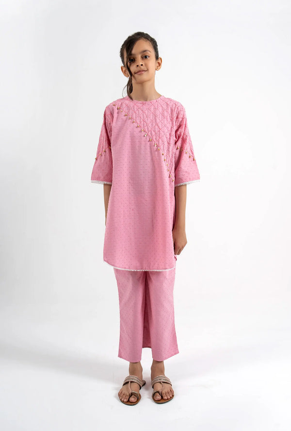 Girls' Blush Pink Quilted Kurta & Trousers Set - Elegant Festive Wear