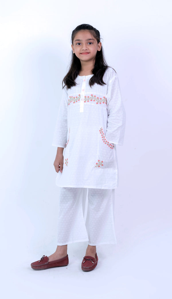 Girls' Elegant White Floral Embroidered Lawn Suit - 2 Piece Set