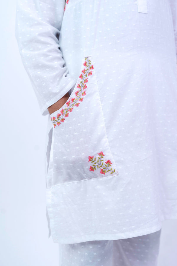 Girls' Elegant White Floral Embroidered Lawn Suit - 2 Piece Set