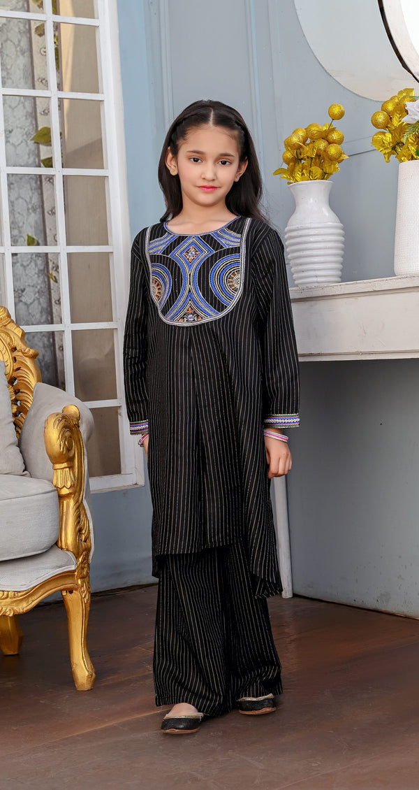 Girls Elegant Black Pinstripe Embroidered 2-Piece Ethnic Suit