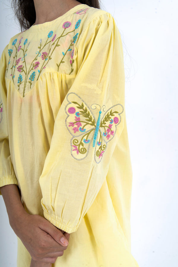 Girls' Sunny Yellow Floral Butterfly Embroidered 2-Piece Ethnic Suit