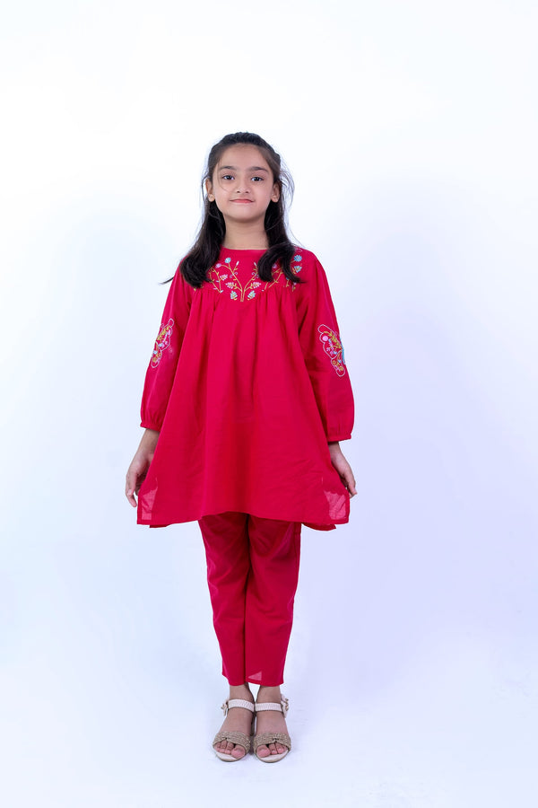 Girls' Vibrant Red Embroidered Butterfly 2-Piece Suit