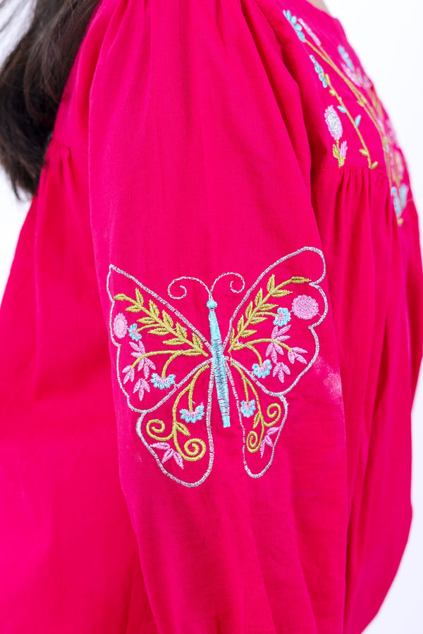 Girls' Vibrant Red Embroidered Butterfly 2-Piece Suit