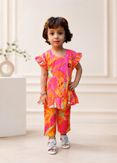 Girls' Vibrant Tropical Ruffled Co-ord Set - Pink & Orange Floral Vesto.Pk