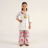 Little Girls White Angrakha Suit with Vibrant Floral Printed Palazzos Vesto.Pk