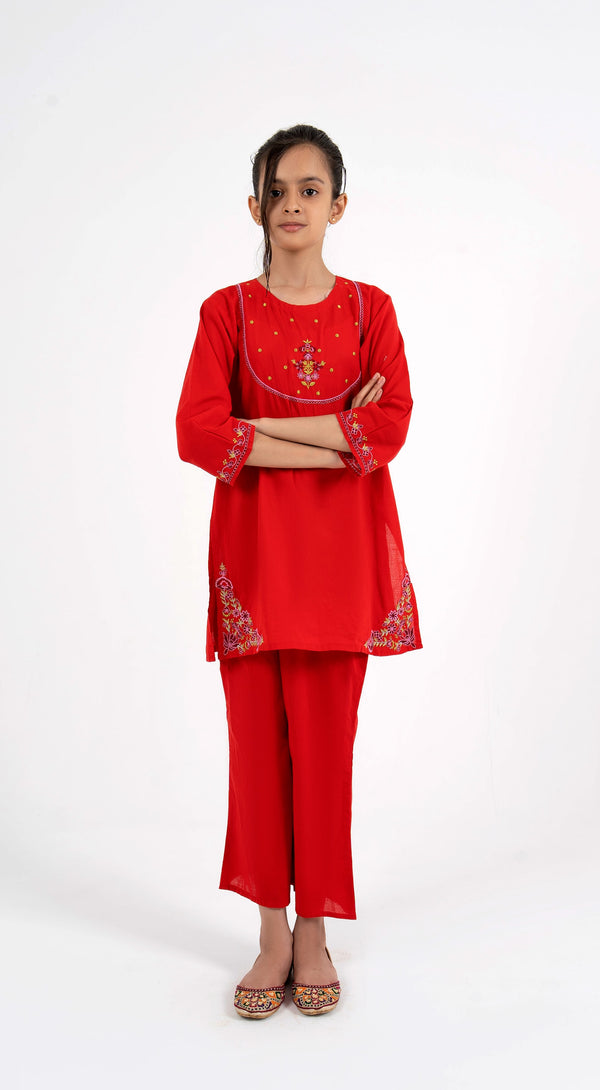 Vesto Kids | Vibrant Red Floral Embroidered 2-Piece Ethnic Suit