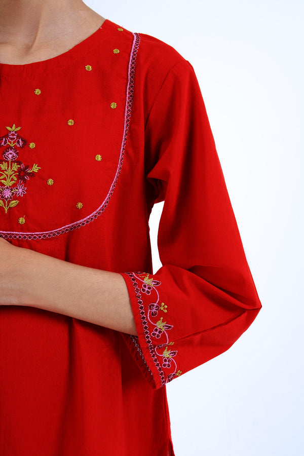 Vesto Kids | Vibrant Red Floral Embroidered 2-Piece Ethnic Suit