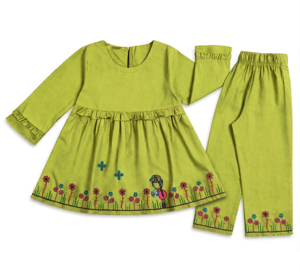 Vibrant Lime Green Girls' Floral Embroidered Tunic & Trouser Set - 2 Piece