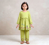 Vibrant Lime Green Girls' Floral Embroidered Tunic & Trouser Set - 2 Piece Vesto.Pk