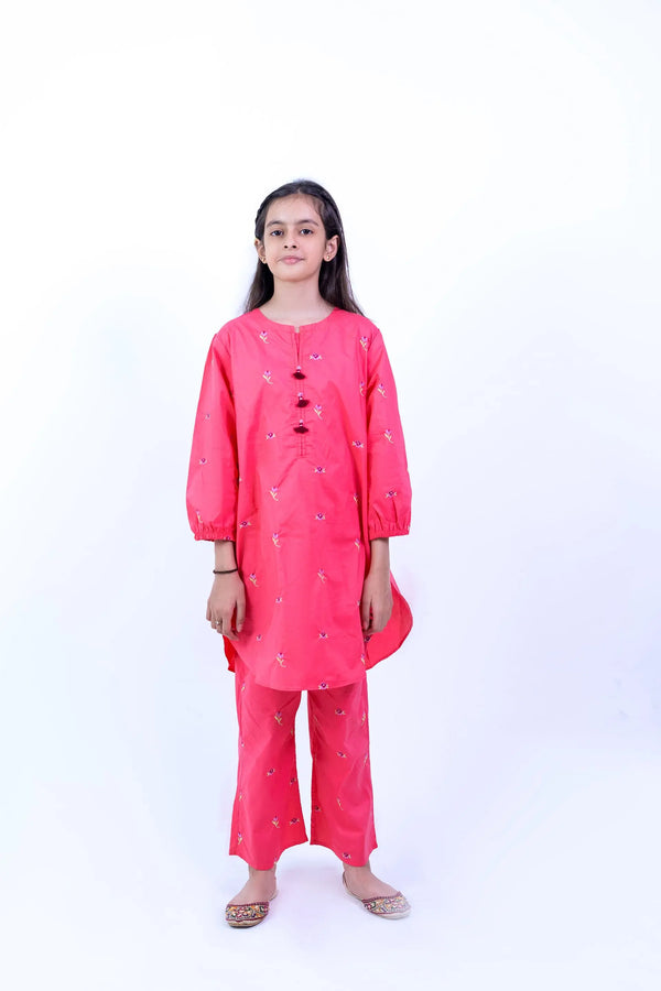 Vibrant Pink Embroidered Ethnic Suit for Girls | Premium Festive Two-Piece Set