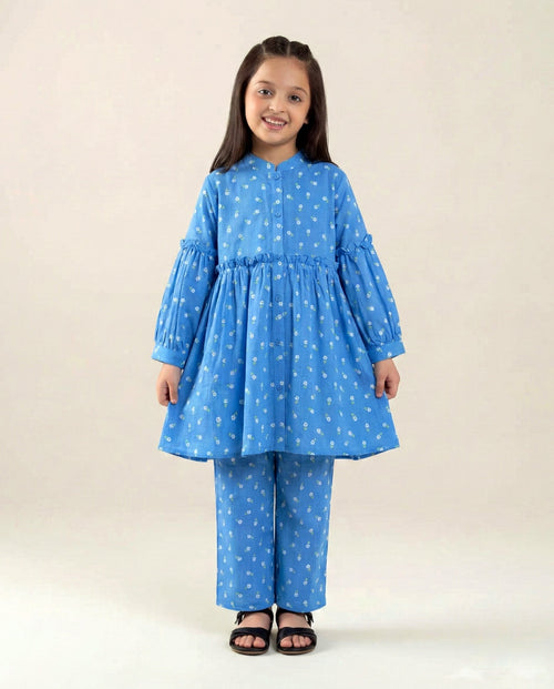 Girls' Sky Blue Floral Peplum 2-Piece Set - Breathable Cotton Frock & Trousers
