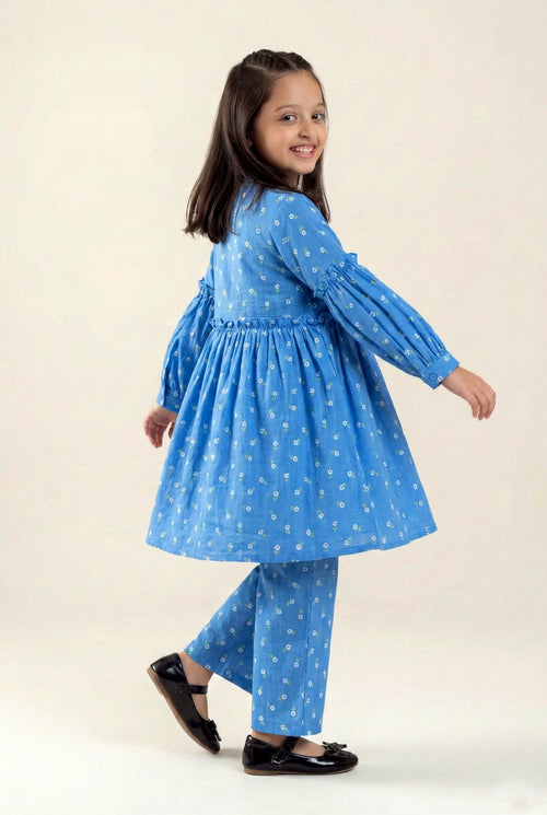 Girls' Sky Blue Floral Peplum 2-Piece Set - Breathable Cotton Frock & Trousers