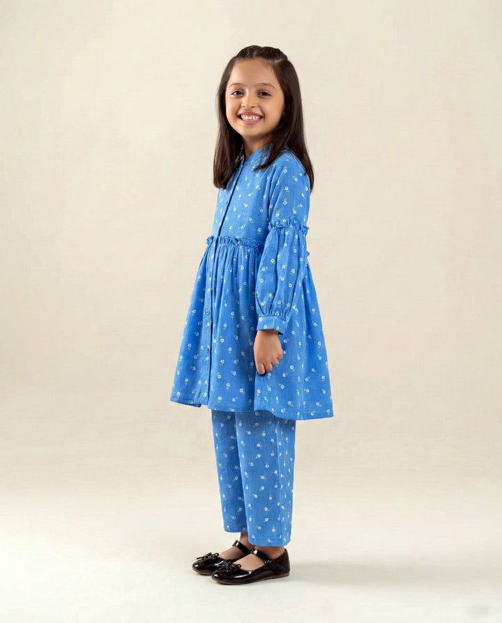 Girls' Sky Blue Floral Peplum 2-Piece Set - Breathable Cotton Frock & Trousers