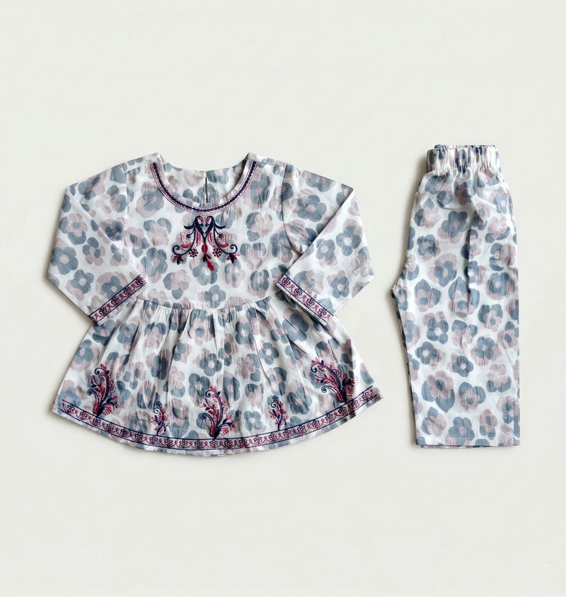 Little Blossoms: Premium Embroidered 2-Piece Printed Suit for Girls