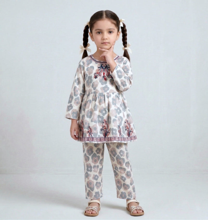 Little Blossoms: Premium Embroidered 2-Piece Printed Suit for Girls Vesto.Pk