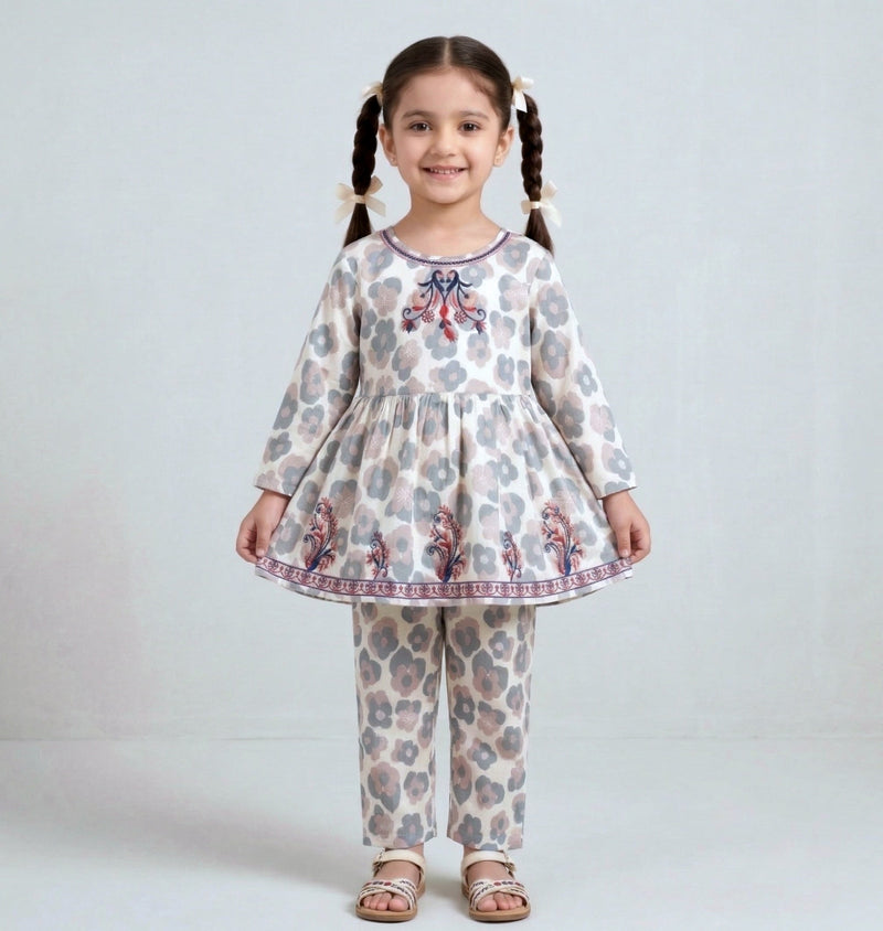 Little Blossoms: Premium Embroidered 2-Piece Printed Suit for Girls Vesto.Pk
