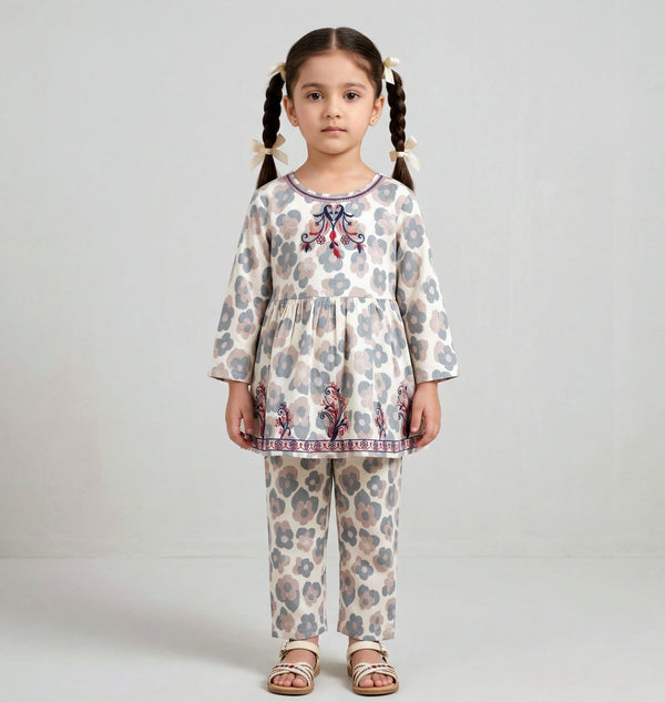Little Blossoms: Premium Embroidered 2-Piece Printed Suit for Girls