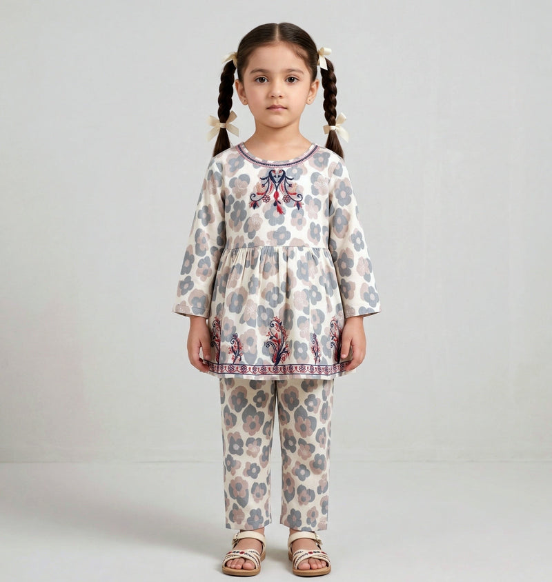 Little Blossoms: Premium Embroidered 2-Piece Printed Suit for Girls