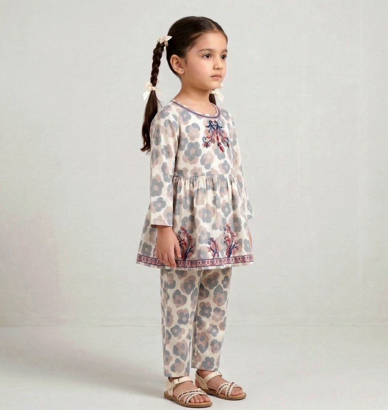 Little Blossoms: Premium Embroidered 2-Piece Printed Suit for Girls Vesto.Pk