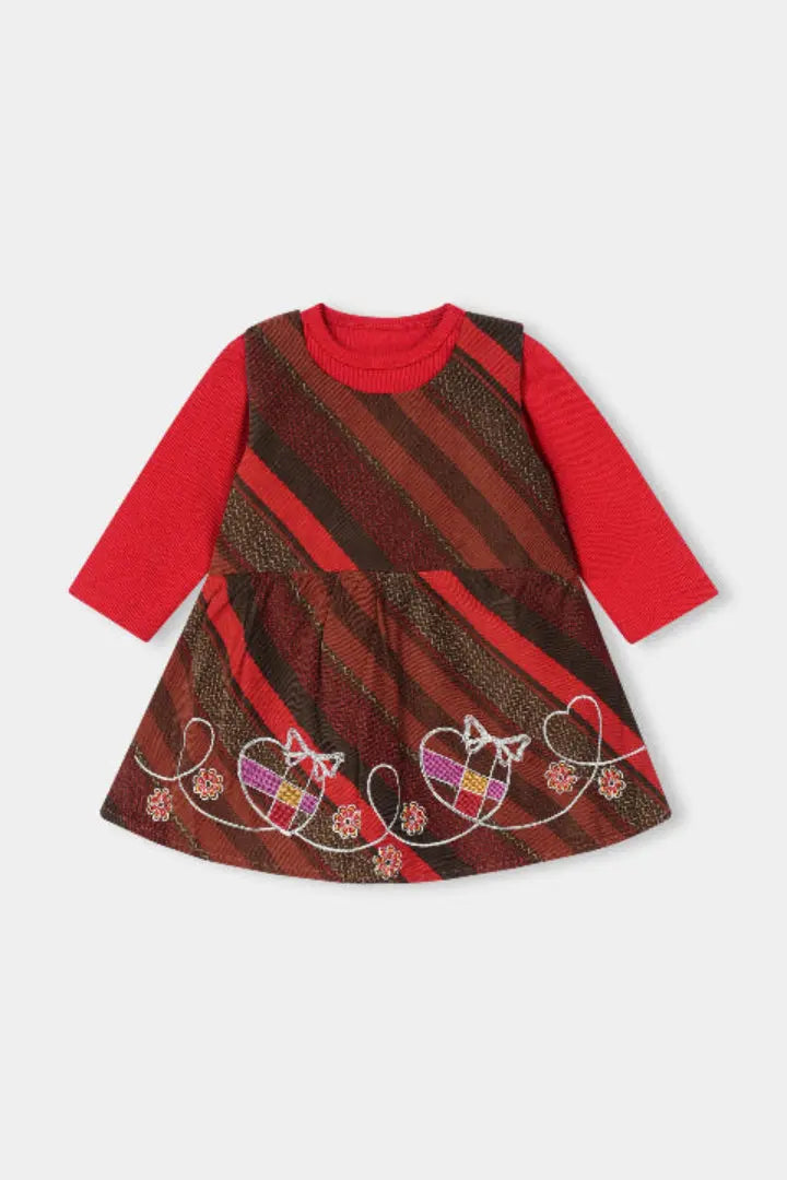 Girls' Red & Earthy Striped 2-Piece Embroidered Dress Set