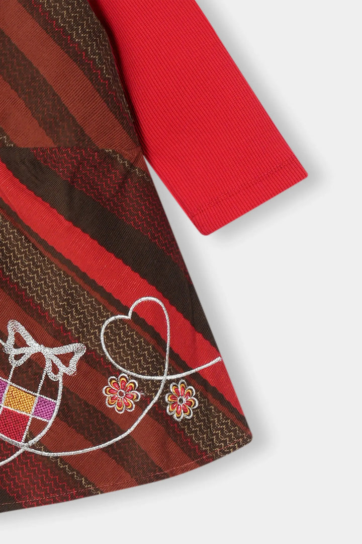 Girls' Red & Earthy Striped 2-Piece Embroidered Dress Set