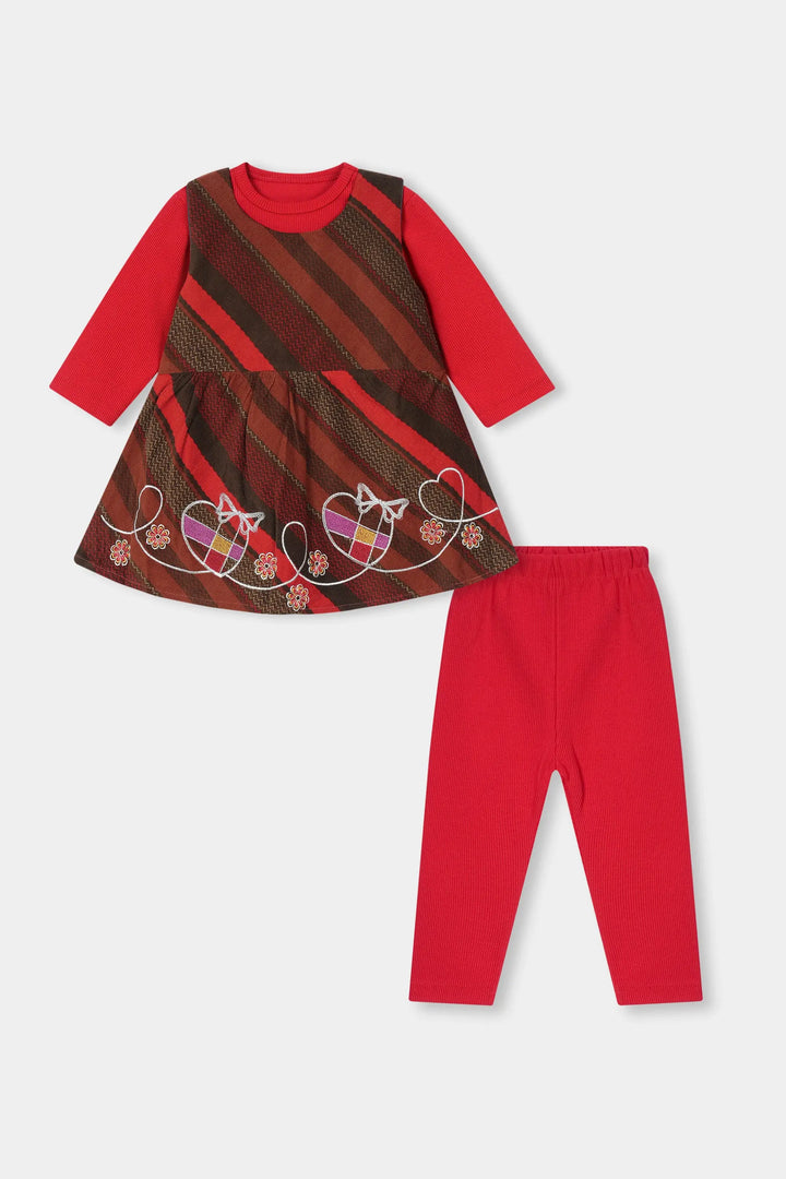 Girls' Red & Earthy Striped 2-Piece Embroidered Dress Set