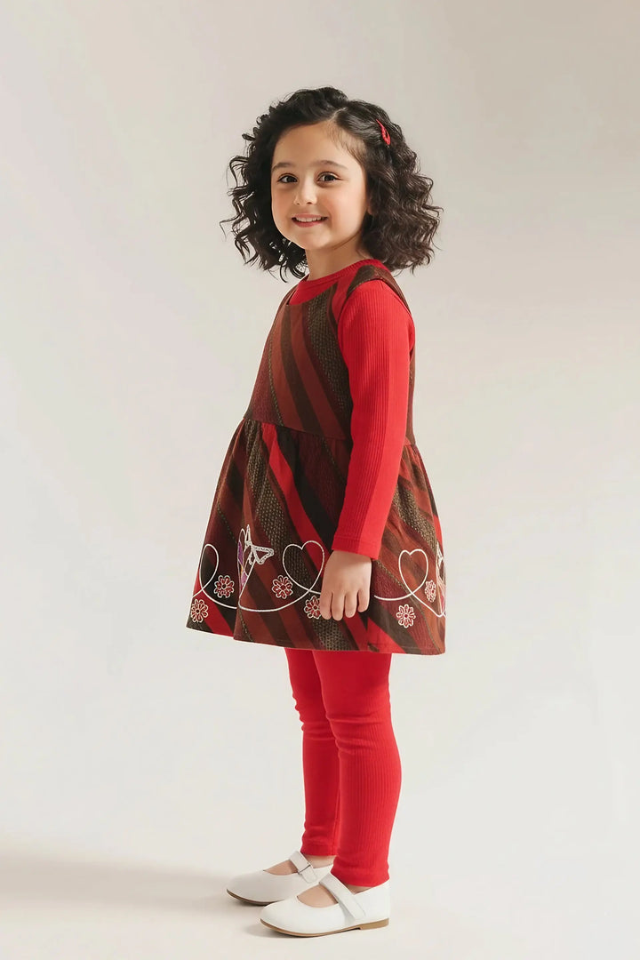 Girls' Red & Earthy Striped 2-Piece Embroidered Dress Set