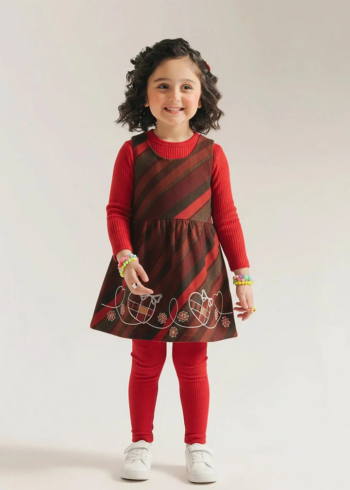 Girls' Red & Earthy Striped 2-Piece Embroidered Dress Set