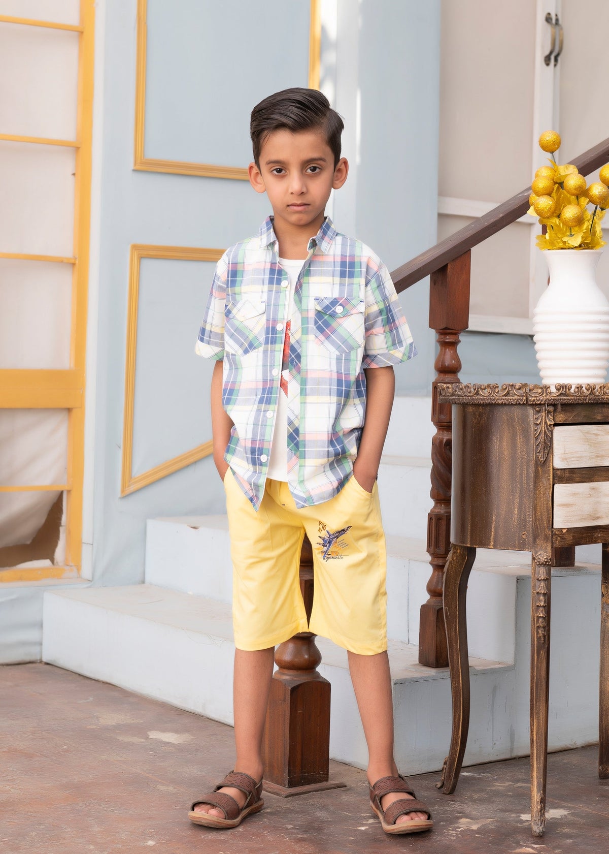 Boys' Summer Plaid Layered Shirt & Vibrant Yellow Shorts Set Vesto.Pk