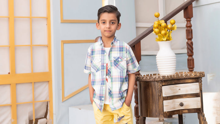 Boys' Summer Plaid Layered Shirt & Vibrant Yellow Shorts Set