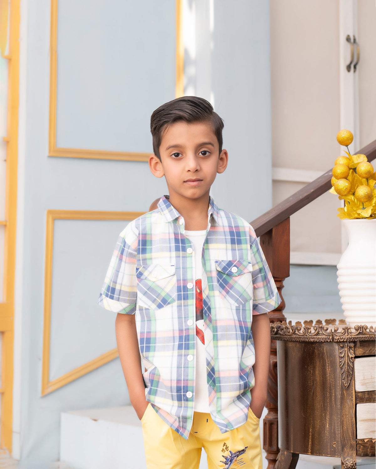 Boys' Summer Plaid Layered Shirt & Vibrant Yellow Shorts Set Vesto.Pk