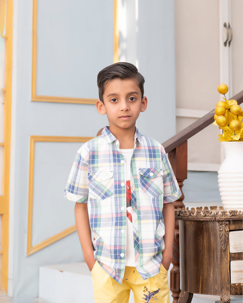 Boys' Summer Plaid Layered Shirt & Vibrant Yellow Shorts Set Vesto.Pk