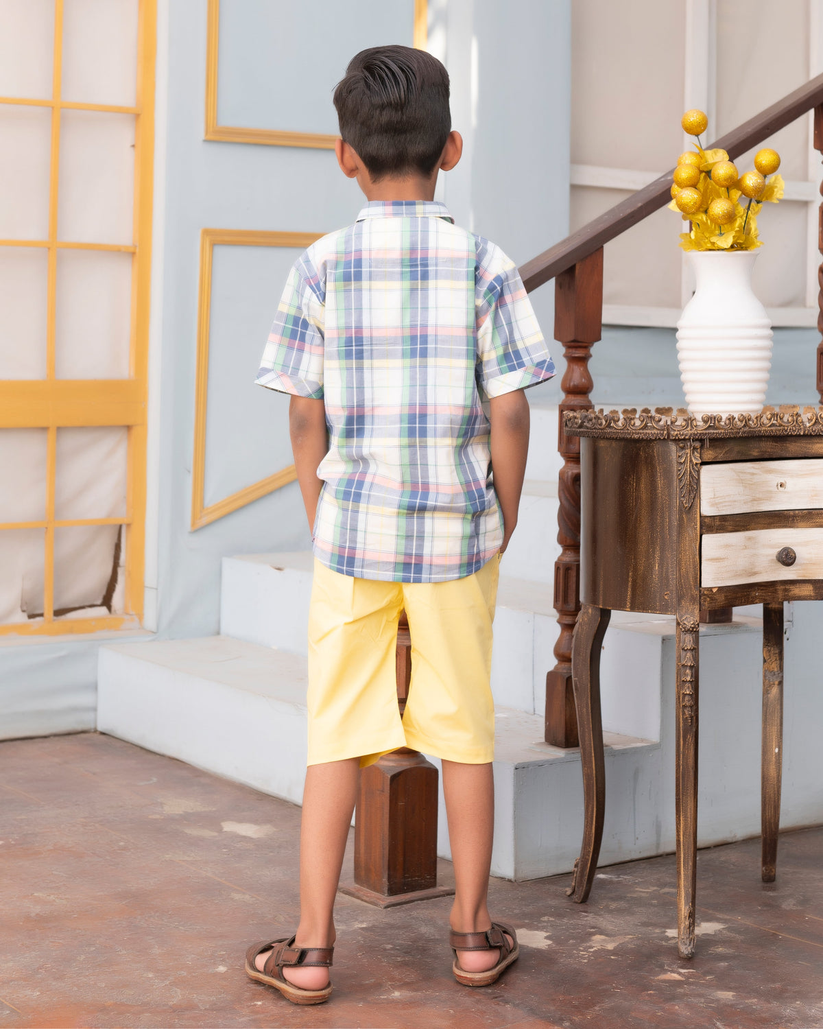 Boys' Summer Plaid Layered Shirt & Vibrant Yellow Shorts Set Vesto.Pk