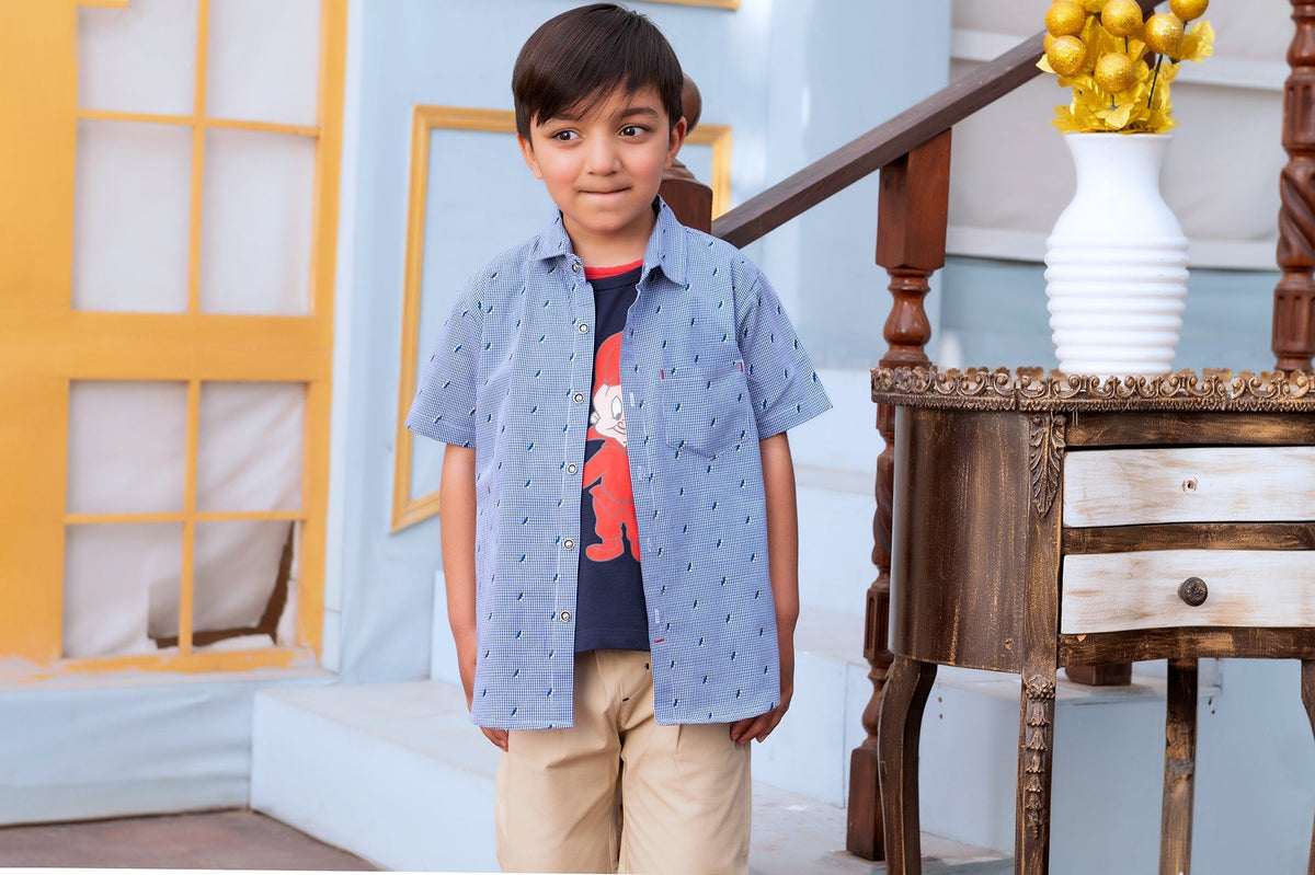 Boys' Premium Casual Summer Ensemble - Blue Patterned Shirt & Khaki Shorts Set Vesto.Pk