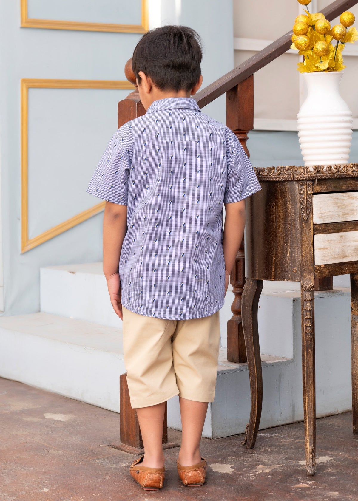 Boys' Premium Casual Summer Ensemble - Blue Patterned Shirt & Khaki Shorts Set Vesto.Pk