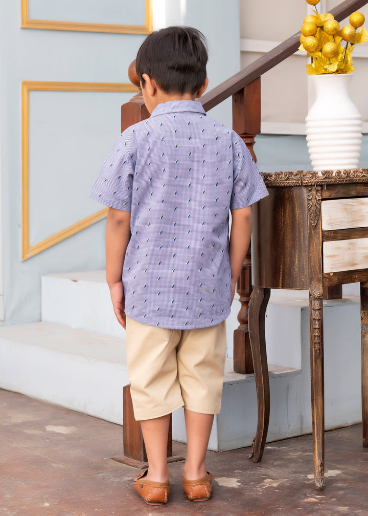 Boys' Premium Casual Summer Ensemble - Blue Patterned Shirt & Khaki Shorts Set