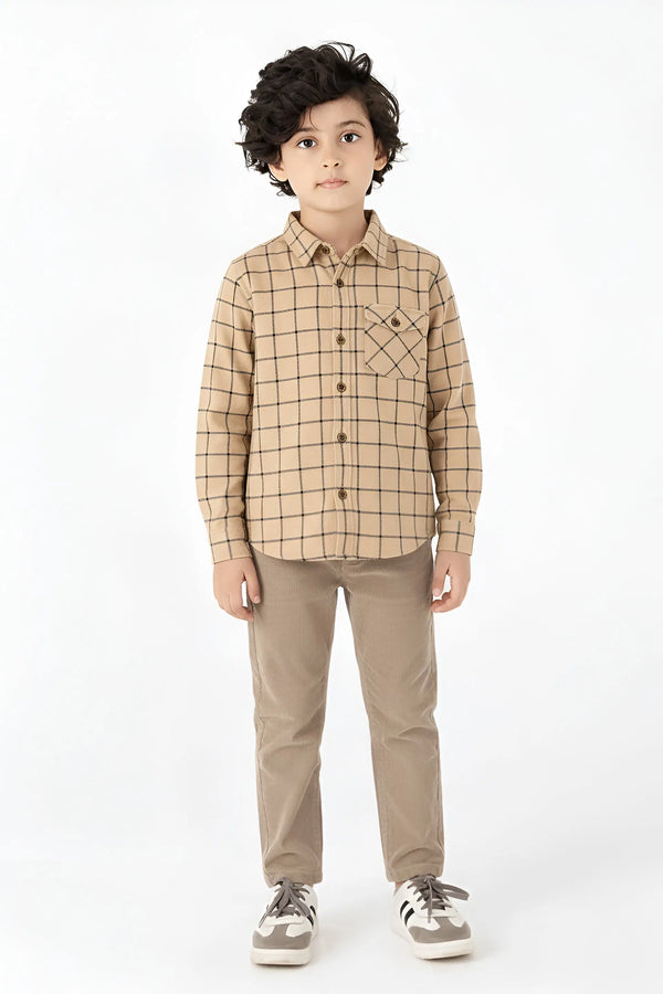 Boys' Classic Tan Grid Button-Down Shirt - Premium Smart Casual Wear