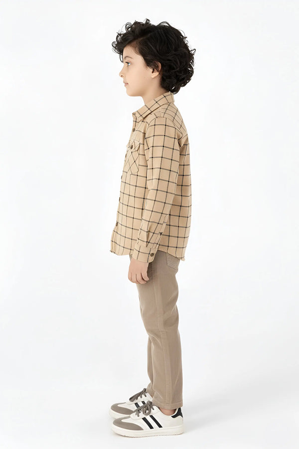 Boys' Classic Tan Grid Button-Down Shirt - Premium Smart Casual Wear