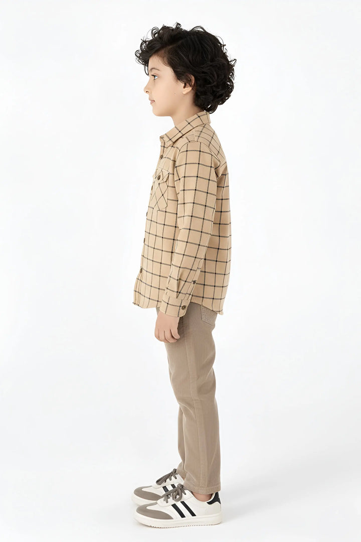 Boys' Classic Tan Grid Button-Down Shirt - Premium Smart Casual Wear