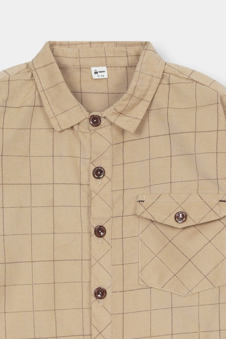 Boys' Classic Tan Grid Button-Down Shirt - Premium Smart Casual Wear