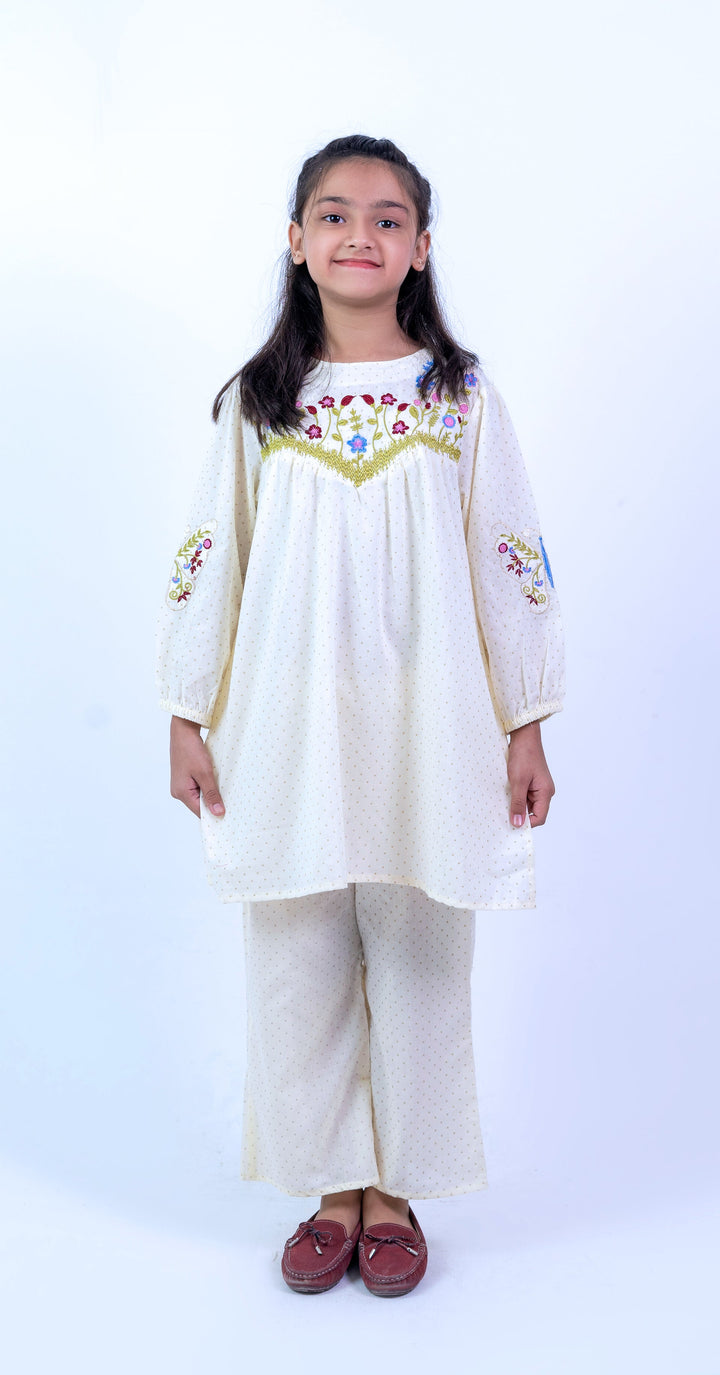 Elegant Lime Girls' Floral Embroidered 2-Piece Kurta Set