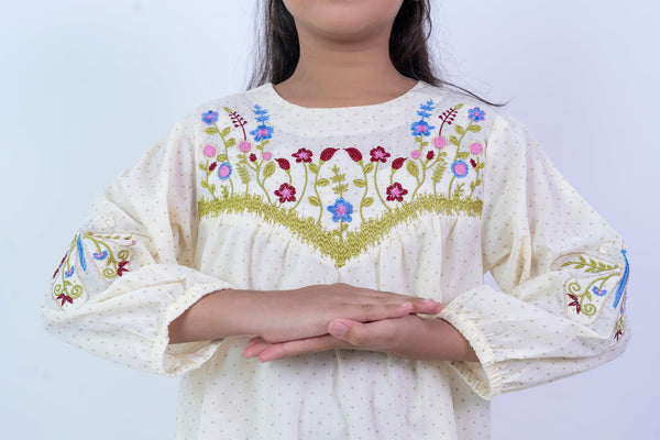 Elegant Lime Girls' Floral Embroidered 2-Piece Kurta Set