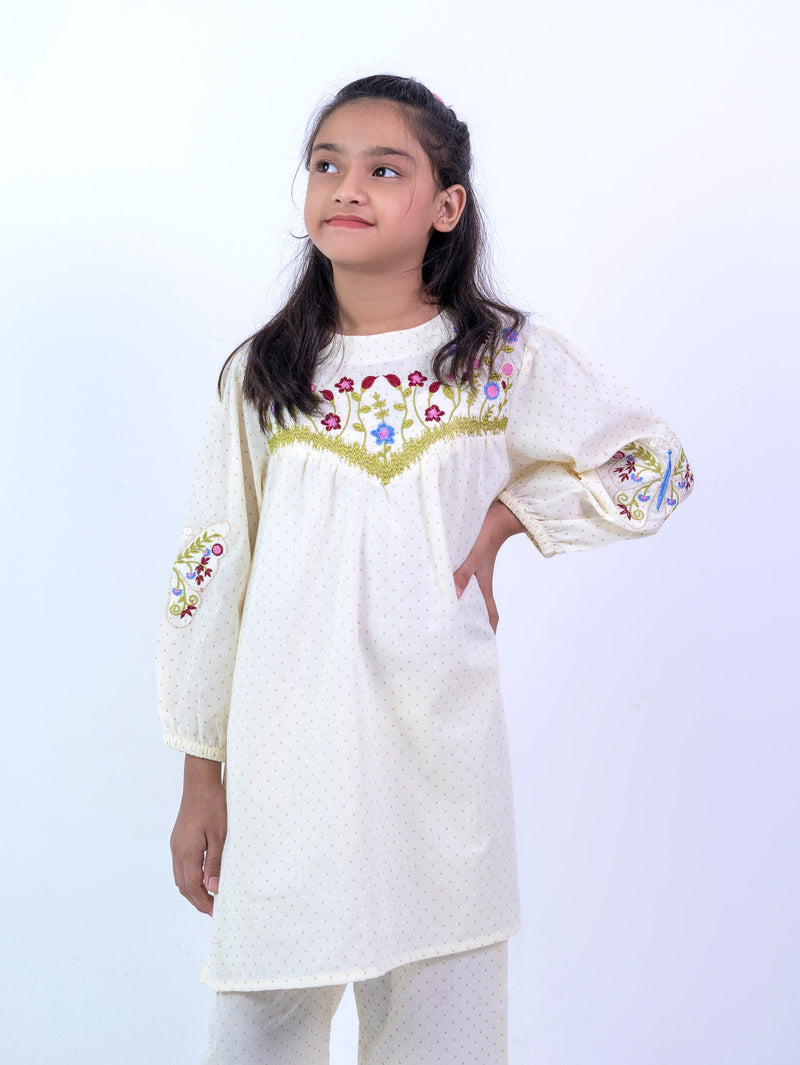 Elegant Lime Girls' Floral Embroidered 2-Piece Kurta Set
